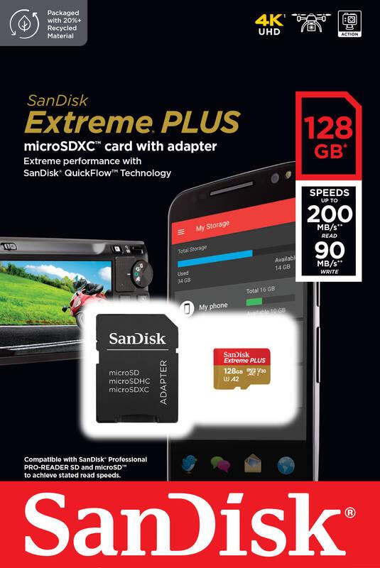 Paměťová karta SanDisk Micro SDHC Extreme Plus 128GB UHS-I U3 adapter, Paměťová, karta, SanDisk, Micro, SDHC, Extreme, Plus, 128GB, UHS-I, U3, adapter