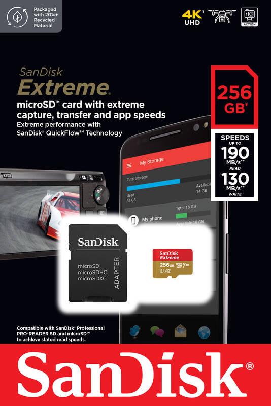 Paměťová karta SanDisk Micro SDXC Extreme 256GB UHS-I U3 adapter, Paměťová, karta, SanDisk, Micro, SDXC, Extreme, 256GB, UHS-I, U3, adapter