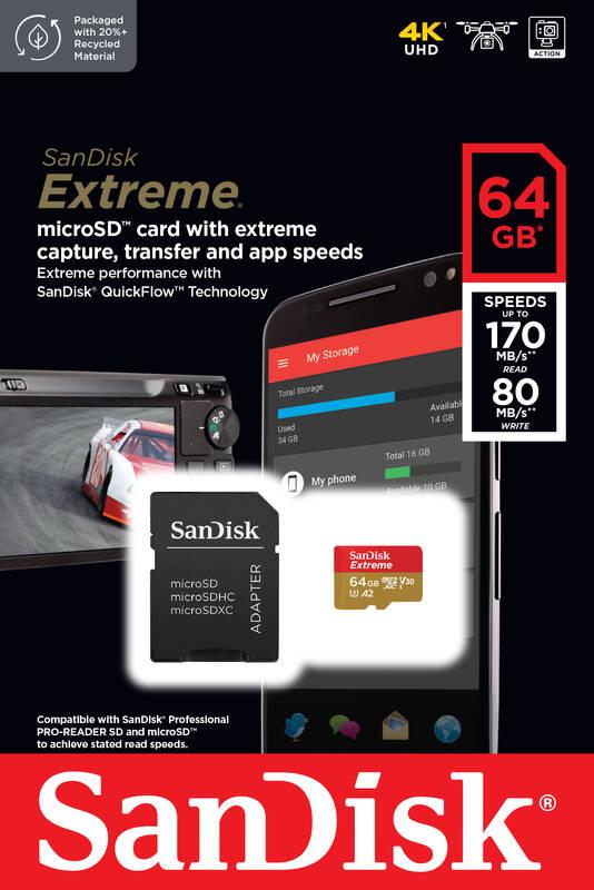 Paměťová karta SanDisk Micro SDXC Extreme 64GB UHS-I U3 adapter