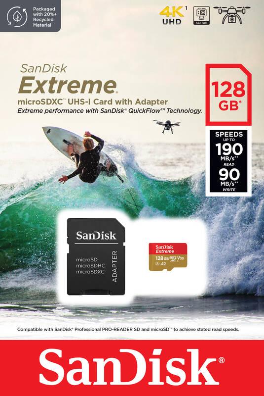 Paměťová karta SanDisk Micro SDXC Extreme AC 128GB UHS-I U3 adapter, Paměťová, karta, SanDisk, Micro, SDXC, Extreme, AC, 128GB, UHS-I, U3, adapter