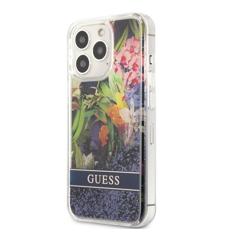 Kryt na mobil Guess Liquid Glitter Flower na Apple iPhone 13 Pro modrý, Kryt, na, mobil, Guess, Liquid, Glitter, Flower, na, Apple, iPhone, 13, Pro, modrý