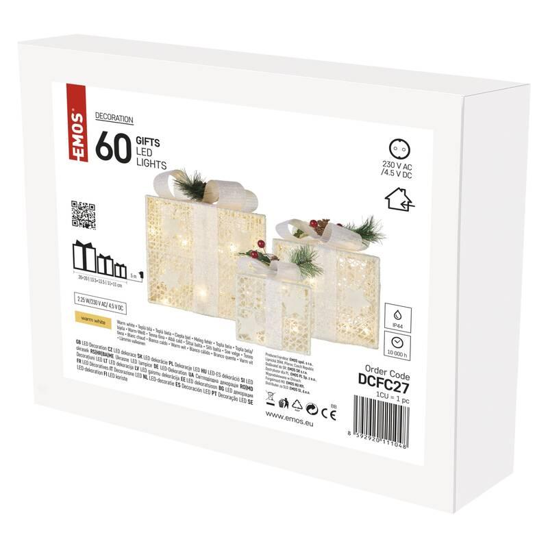 LED dekorace EMOS 60 LED dárky s ozdobou, 3 velikosti, vnitřní, teplá bílá