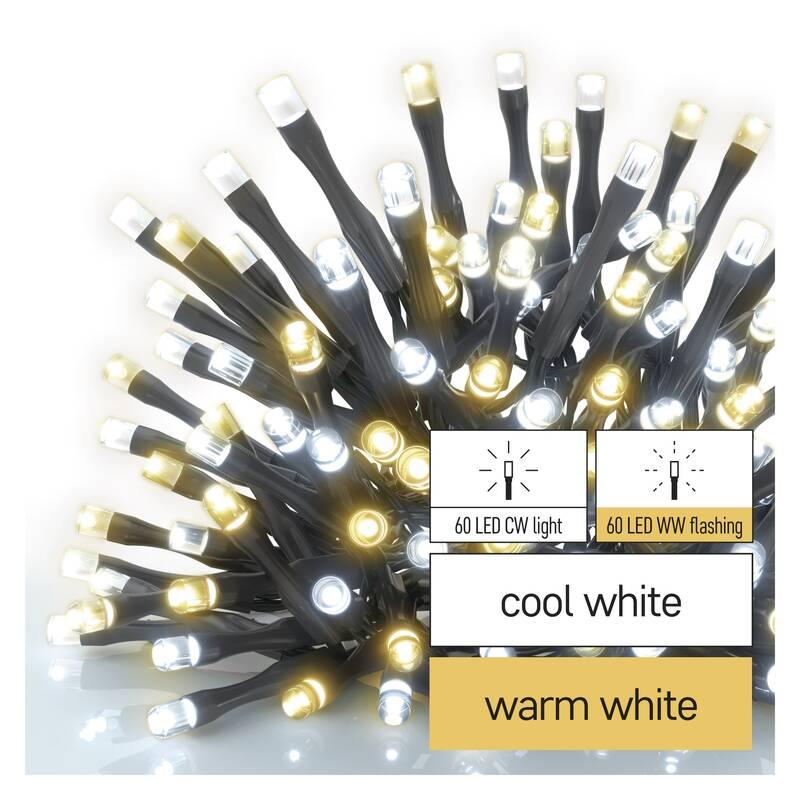 Vánoční osvětlení EMOS 120 LED řetěz - 12 m, pulzující, venkovní i vnitřní, teplá studená bílá