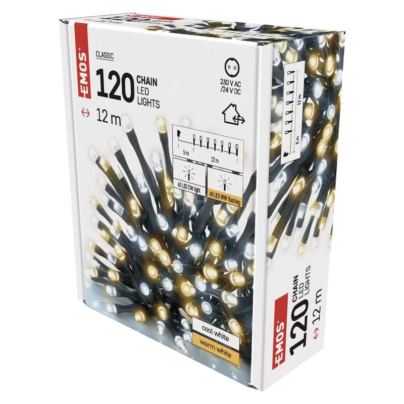 Vánoční osvětlení EMOS 120 LED řetěz - 12 m, pulzující, venkovní i vnitřní, teplá studená bílá
