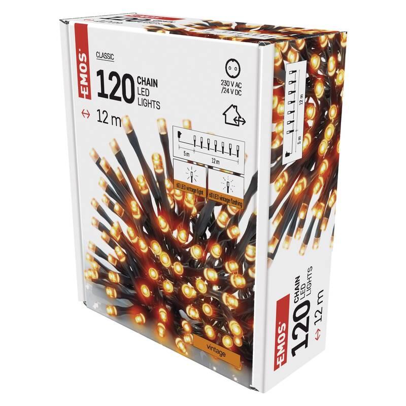 Vánoční osvětlení EMOS 120 LED řetěz - 12 m, pulzující, venkovní i vnitřní, vintage