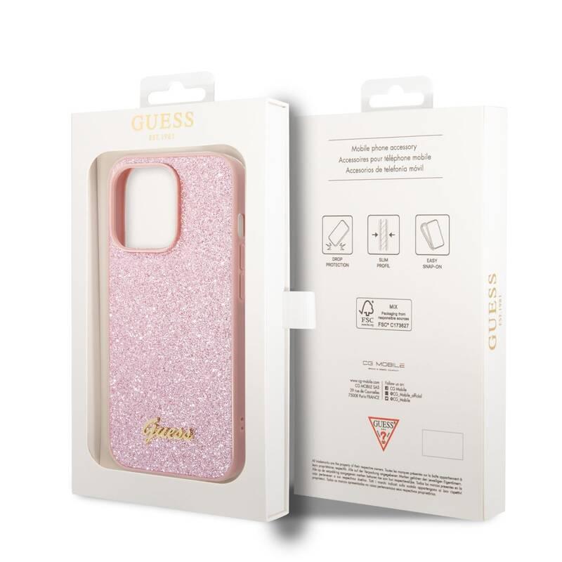 Kryt na mobil Guess Glitter Flakes Metal Logo na Apple iPhone 14 Pro Max růžový