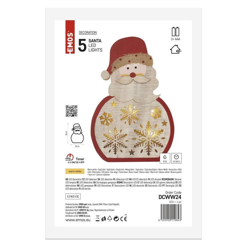 LED dekorace EMOS 5 LED dřevěný Santa, 30 cm, 2x AAA, vnitřní, teplá bílá