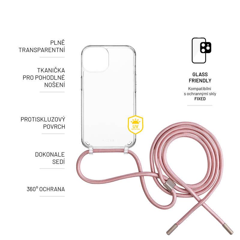 Kryt na mobil FIXED Pure Neck s růžovou šňůrkou na krk na Apple iPhone 11 průhledný