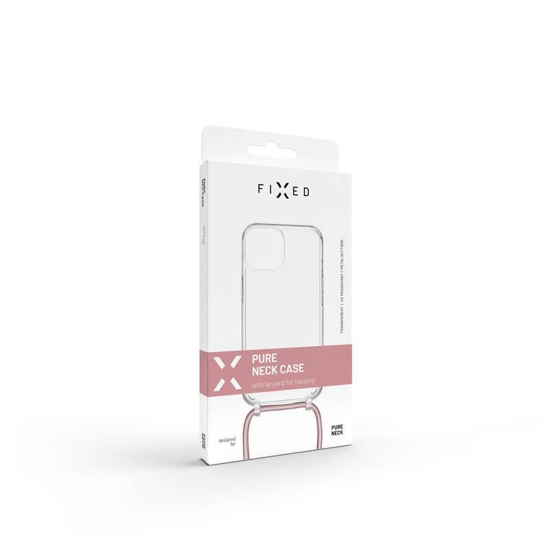 Kryt na mobil FIXED Pure Neck s růžovou šňůrkou na krk na Apple iPhone 12 mini průhledný
