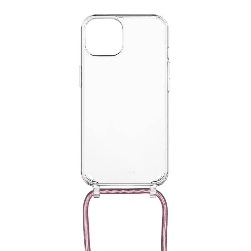 Kryt na mobil FIXED Pure Neck s růžovou šňůrkou na krk na Apple iPhone 14 průhledný