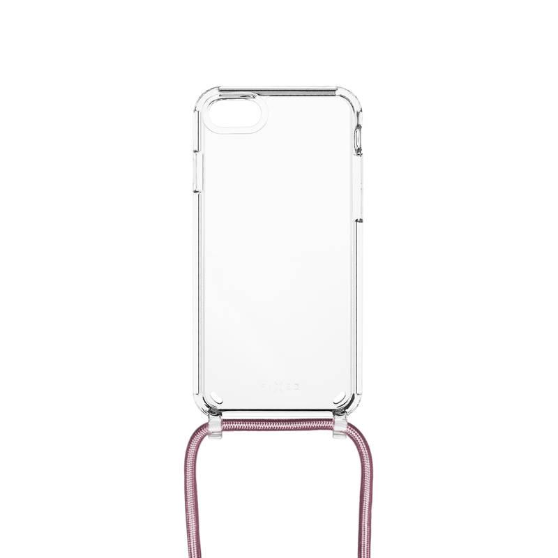 Kryt na mobil FIXED Pure Neck s růžovou šňůrkou na krk na Apple iPhone 7 8 SE průhledný