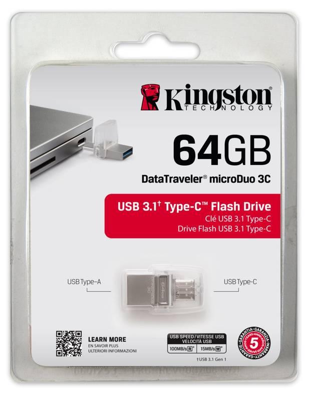 USB Flash Kingston DataTraveler MicroDuo 3C 64GB OTG USB-C USB 3.1 stříbrný, USB, Flash, Kingston, DataTraveler, MicroDuo, 3C, 64GB, OTG, USB-C, USB, 3.1, stříbrný