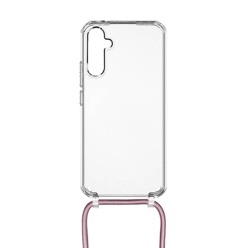 Kryt na mobil FIXED Pure Neck s růžovou šňůrkou na krk na Samsung Galaxy A34 5G průhledný