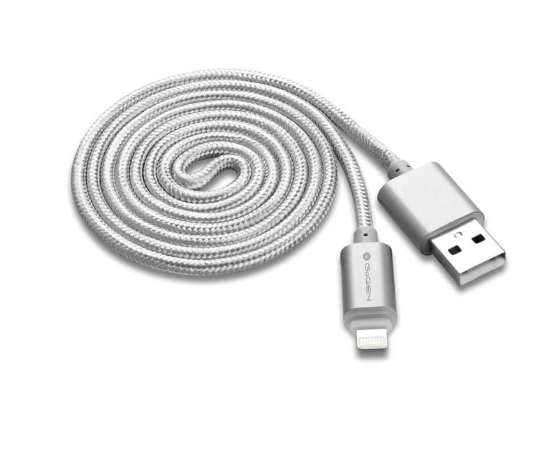 Kabel GoGEN USB Lightning, 1m, oplétáný stříbrný, Kabel, GoGEN, USB, Lightning, 1m, oplétáný, stříbrný