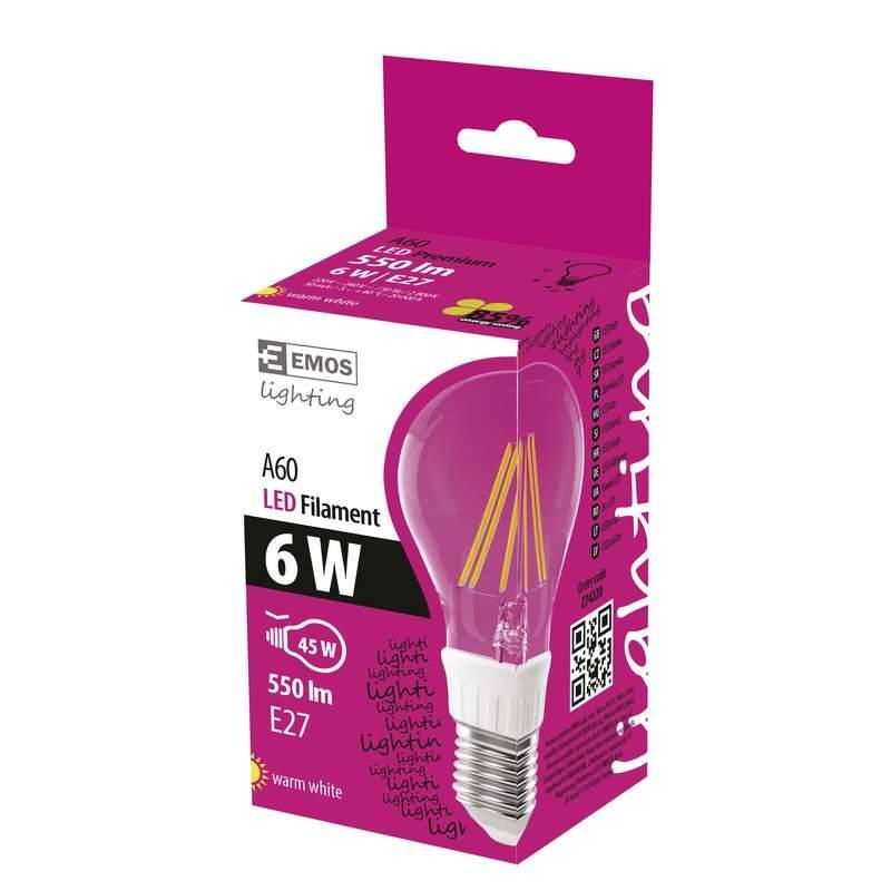 Žárovka LED EMOS Filament klasik, 6W, E27, teplá bílá, Žárovka, LED, EMOS, Filament, klasik, 6W, E27, teplá, bílá