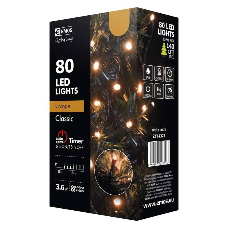 Vánoční osvětlení EMOS 80 LED, 8m, řetěz, jantarová, časovač, Vánoční, osvětlení, EMOS, 80, LED, 8m, řetěz, jantarová, časovač