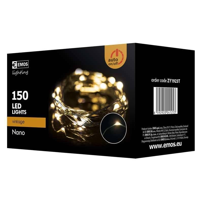 Vánoční osvětlení EMOS 150 LED řetěz zelený nano, 15m, IP44, jantarová, časovač