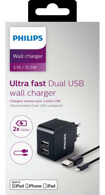 Nabíječka do sítě Philips DLP2307V, 2x USB, 3,1A Lightning kabel černá