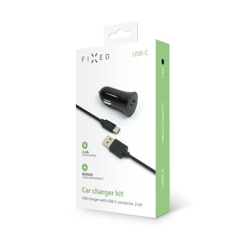 Adaptér do auta FIXED 1x USB, 2,4A USB-C kabel černý