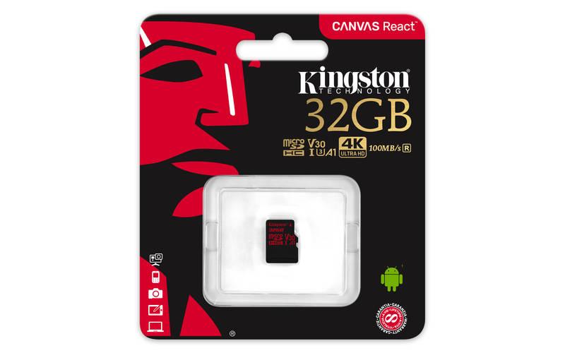Paměťová karta Kingston Canvas React microSDHC 32GB UHS-I U3, Paměťová, karta, Kingston, Canvas, React, microSDHC, 32GB, UHS-I, U3