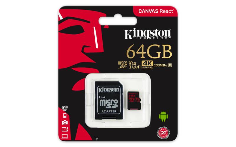 Paměťová karta Kingston Canvas React microSDXC 64GB UHS-I U3 adaptér, Paměťová, karta, Kingston, Canvas, React, microSDXC, 64GB, UHS-I, U3, adaptér