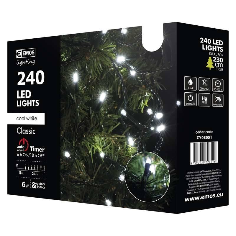 Vánoční osvětlení EMOS 240 LED, 24m, řetěz, studená bílá, časovač, i venkovní použití, Vánoční, osvětlení, EMOS, 240, LED, 24m, řetěz, studená, bílá, časovač, i, venkovní, použití