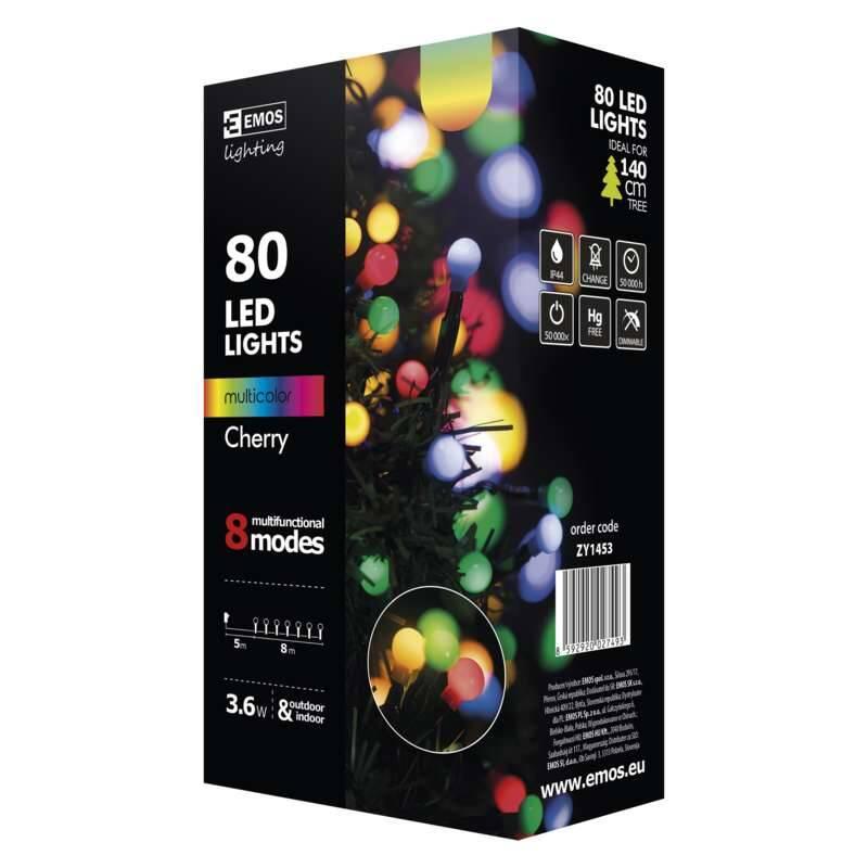 Vánoční osvětlení EMOS 80 LED vánoční cherry řetěz – kuličky, 8m, multicolor, programy, Vánoční, osvětlení, EMOS, 80, LED, vánoční, cherry, řetěz, –, kuličky, 8m, multicolor, programy
