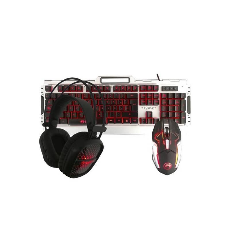Klávesnice s myší Marvo CM303, klávesnice, myš, headset, US černá stříbrná