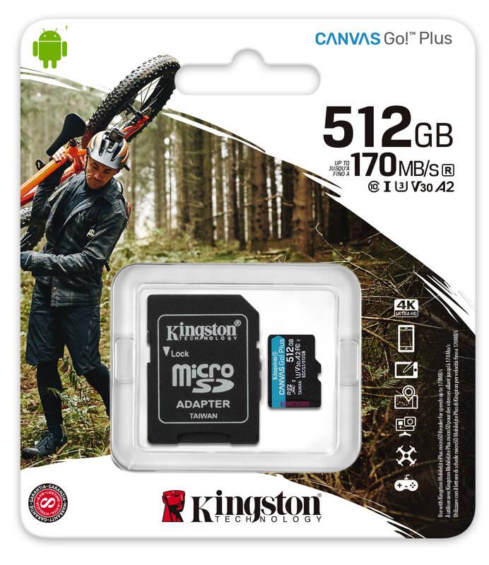 Paměťová karta Kingston Canvas Go! Plus MicroSDXC 512GB UHS-I U3 adaptér, Paměťová, karta, Kingston, Canvas, Go!, Plus, MicroSDXC, 512GB, UHS-I, U3, adaptér