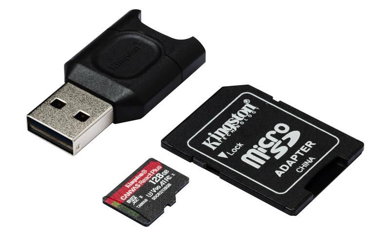 Paměťová karta Kingston Canvas React Plus MicroSDXC 128GB UHS-II U3 adaptér čtečka, Paměťová, karta, Kingston, Canvas, React, Plus, MicroSDXC, 128GB, UHS-II, U3, adaptér, čtečka
