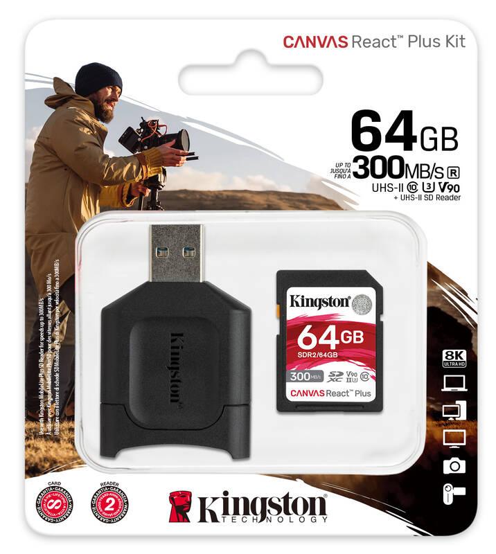 Paměťová karta Kingston Canvas React Plus SDXC 64GB UHS-II U3 čtečka