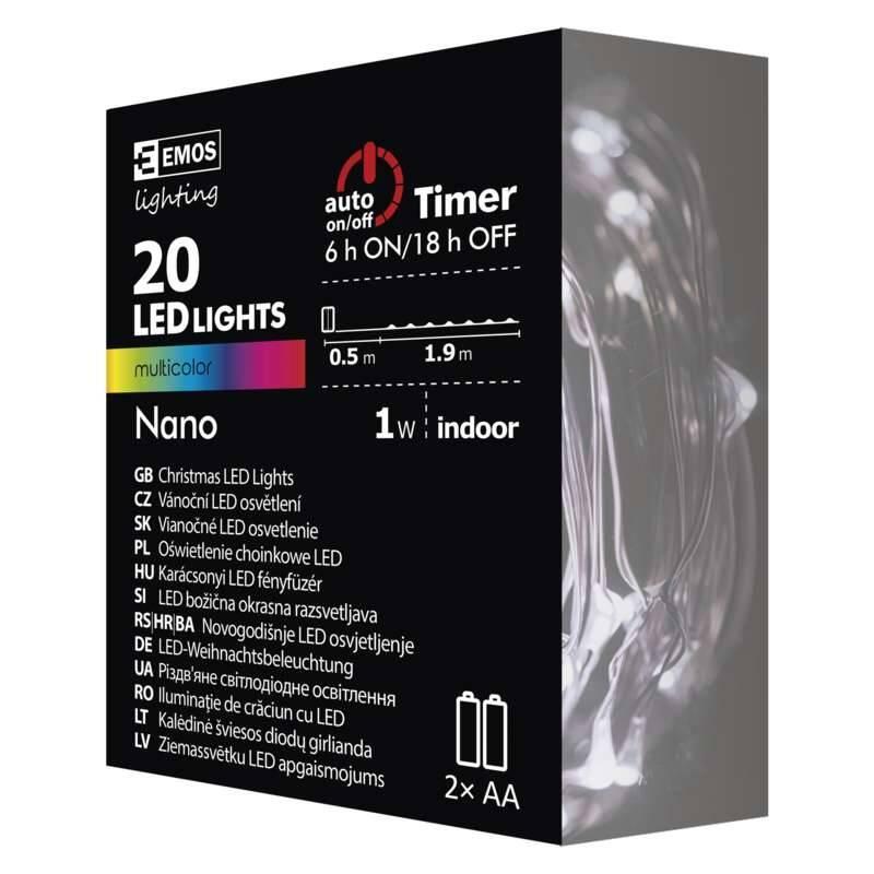 Vánoční osvětlení EMOS 20 LED řetěz nano 2xAA, 1,9m multicolor, časovač