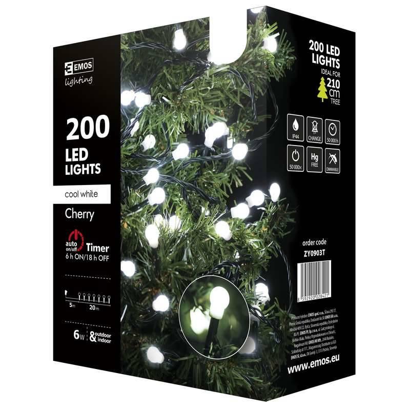 Vánoční osvětlení EMOS 200 LED, 20m, řetěz , studená bílá, časovač, i venkovní použití