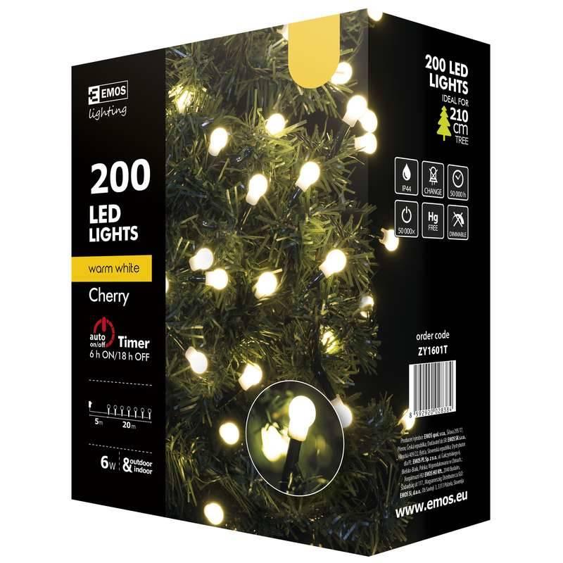 Vánoční osvětlení EMOS 200 LED, 20m, řetěz , teplá bílá, časovač, i venkovní použití