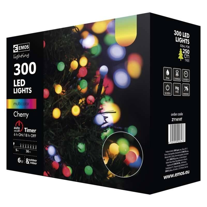 Vánoční osvětlení EMOS 300 LED, cherry řetěz – kuličky, 30m, multicolor, časovač