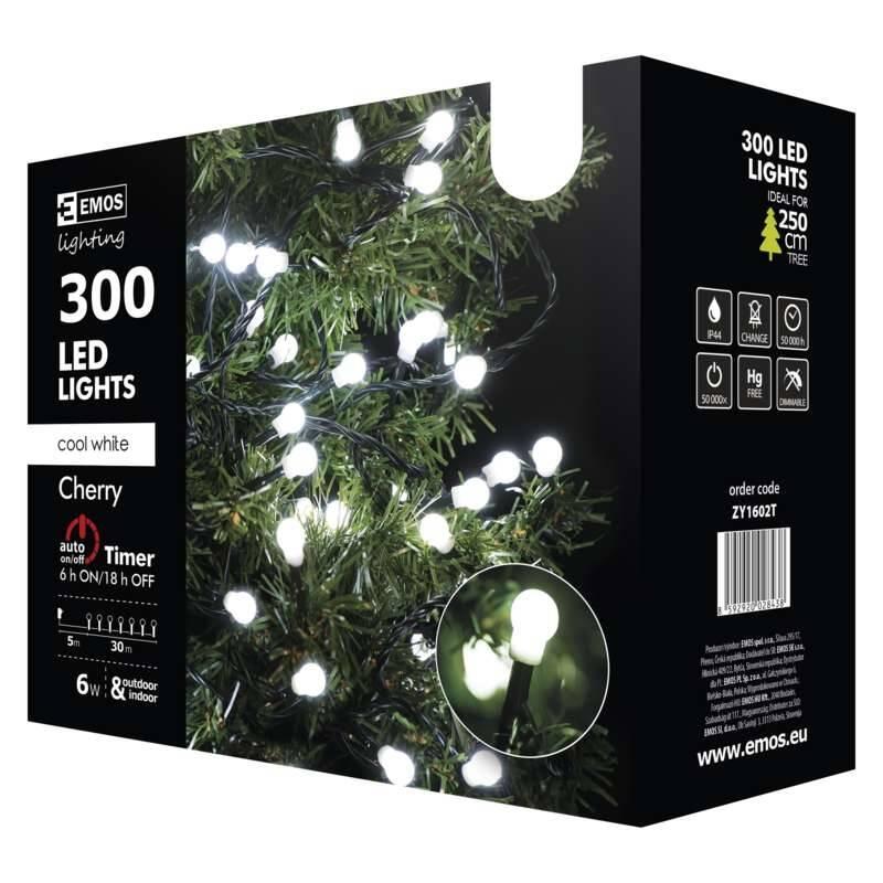 Vánoční osvětlení EMOS 300 LED, cherry řetěz – kuličky, 30m, studená bílá, časovač