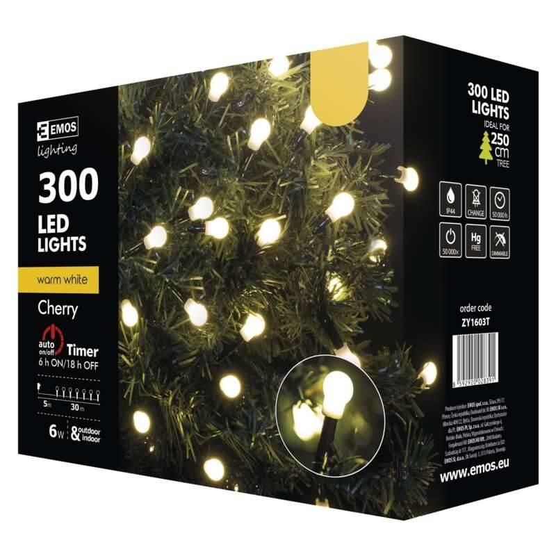 Vánoční osvětlení EMOS 300 LED, cherry řetěz – kuličky, 30m, teplá bílá, časovač