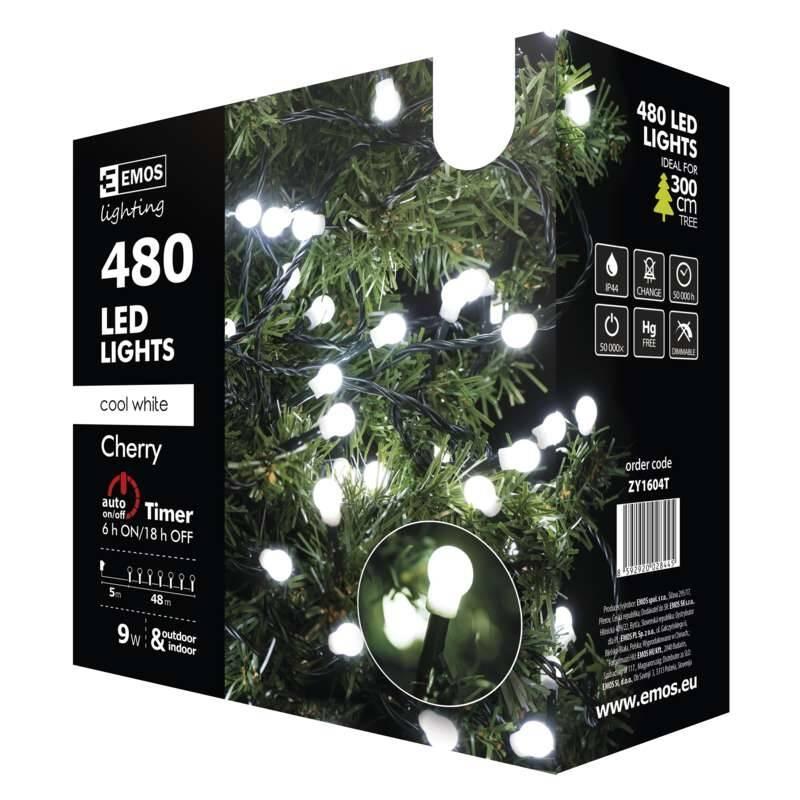 Vánoční osvětlení EMOS 480 LED, cherry řetěz – kuličky, 48m, studená bílá, časovač