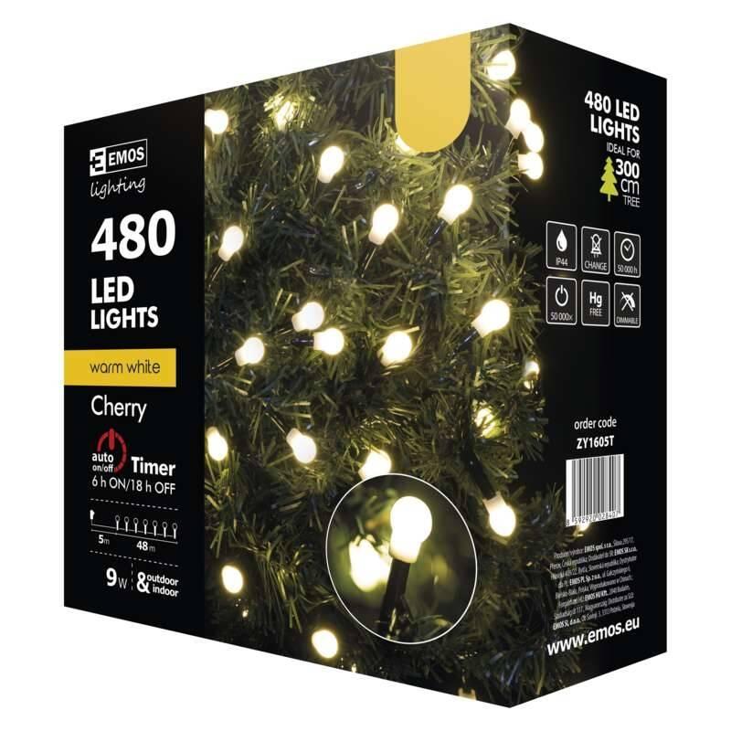 Vánoční osvětlení EMOS 480 LED, cherry řetěz – kuličky, 48m, teplá bílá, časovač, Vánoční, osvětlení, EMOS, 480, LED, cherry, řetěz, –, kuličky, 48m, teplá, bílá, časovač