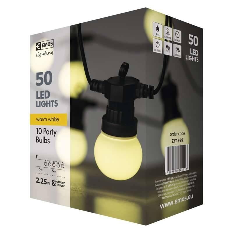 Vánoční osvětlení EMOS 50 LED, 10x párty žárovky mléčné, 5m, teplá bílá