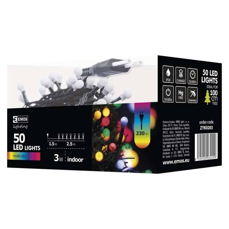Vánoční osvětlení EMOS 50 LED, cherry řetěz – kuličky, 2,5m, vnitřní,multicolor