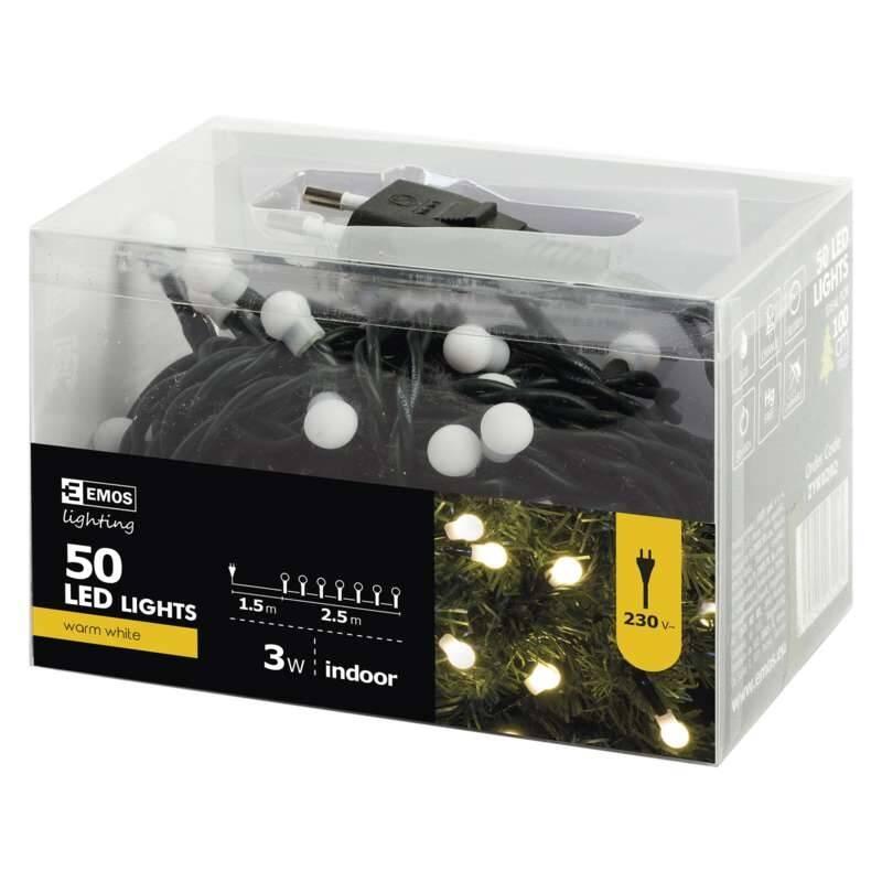 Vánoční osvětlení EMOS 50 LED, cherry řetěz – kuličky, 2,5m, vnitřní, teplá bílá