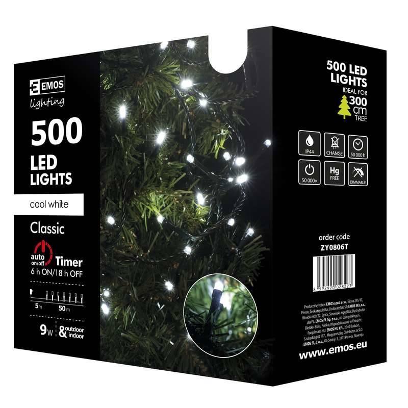 Vánoční osvětlení EMOS 500 LED, 50m, řetěz, studená bílá, časovač, i venkovní použití