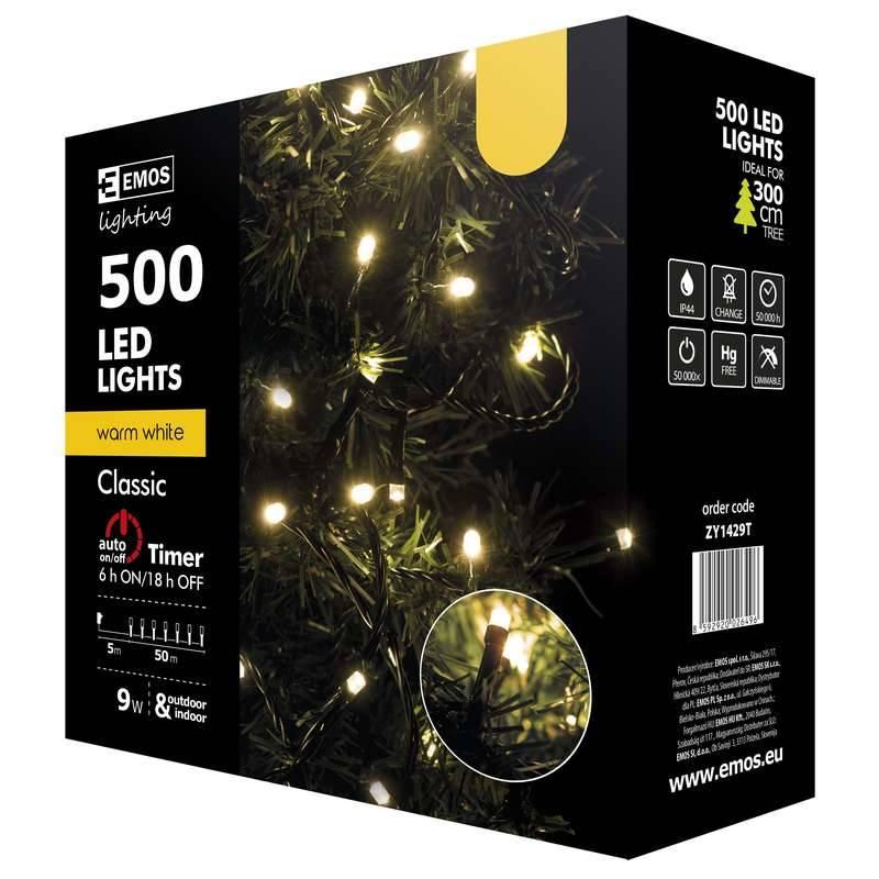 Vánoční osvětlení EMOS 500 LED, 50m, řetěz, teplá bílá, časovač, i venkovní použití