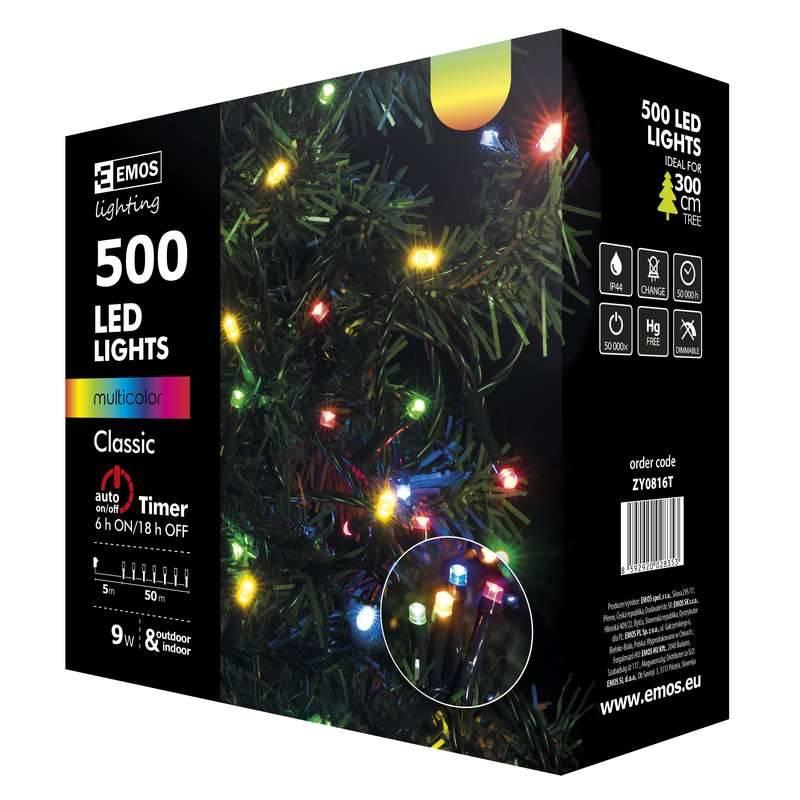 Vánoční osvětlení EMOS 500 LED, 50m, řetěz, vícebarevná, časovač, i venkovní použití