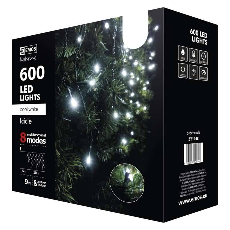 Vánoční osvětlení EMOS 600 LED dekor. řetěz 10M studená bílá, programy