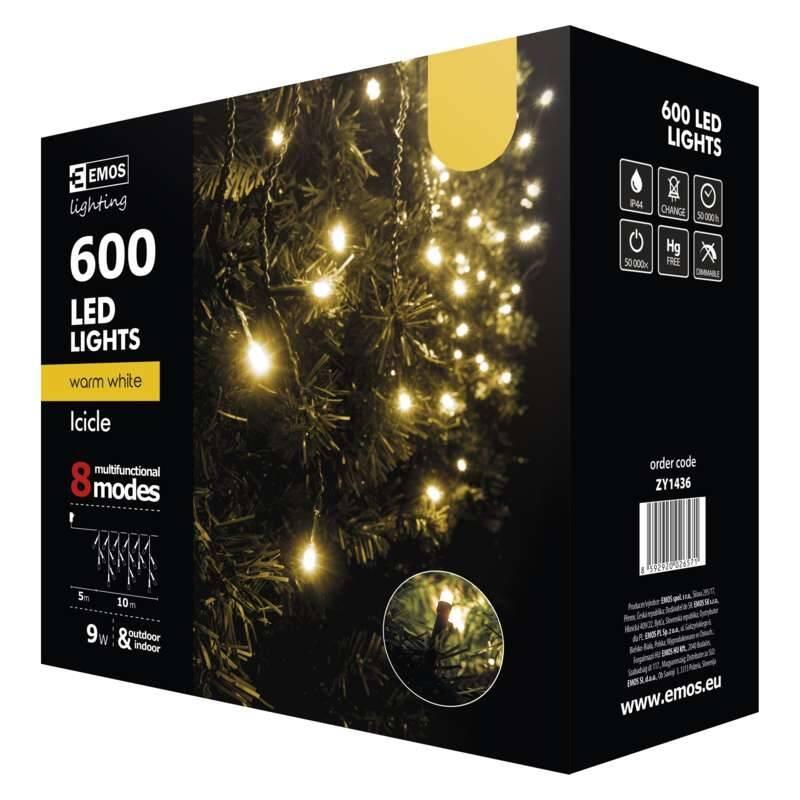 Vánoční osvětlení EMOS 600 LED, vánoční rampouchy, 10m, teplá bílá, programy