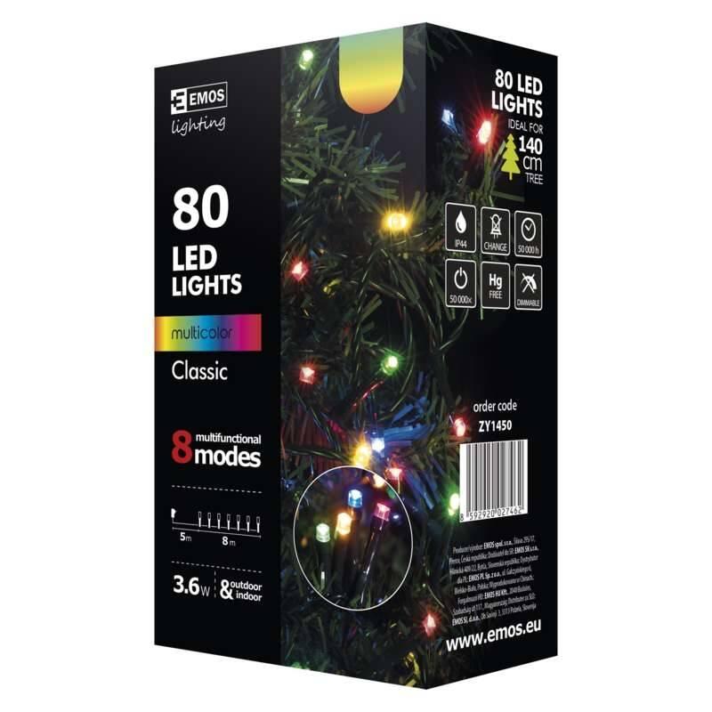 Vánoční osvětlení EMOS 80 LED, řetěz, 8m, multicolor, programy