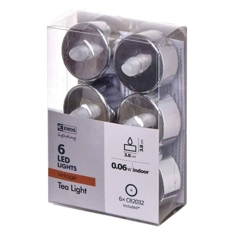 LED dekorace EMOS 6x čajová svíčka stříbrná, 6x CR2032, LED, dekorace, EMOS, 6x, čajová, svíčka, stříbrná, 6x, CR2032
