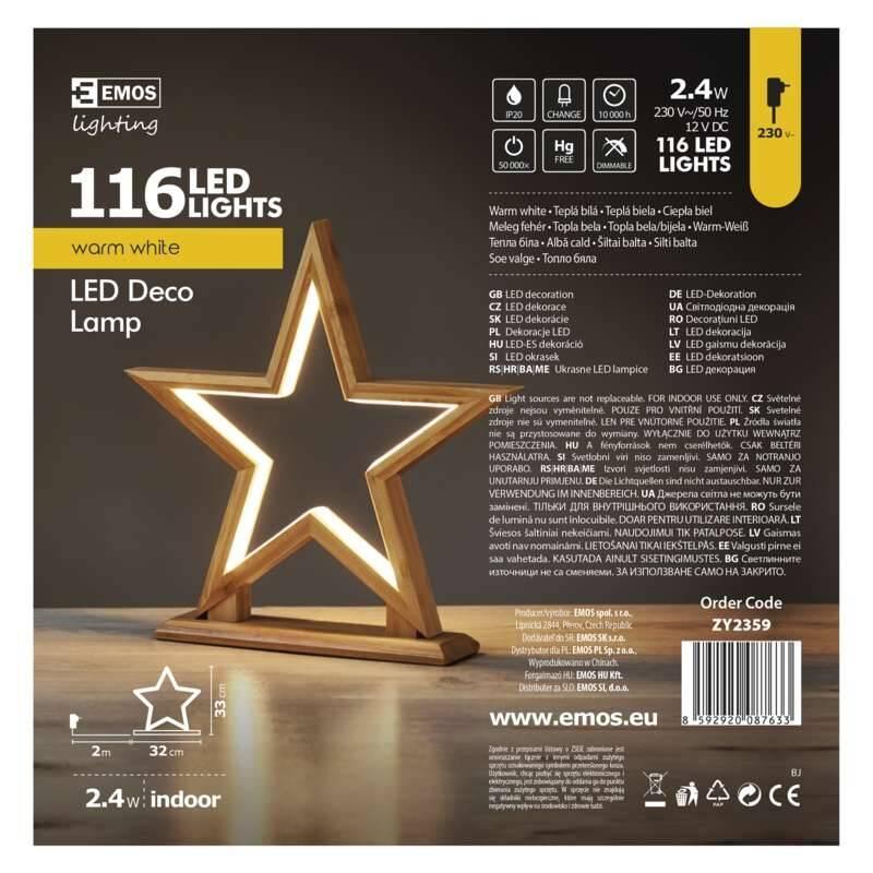 LED dekorace EMOS hvězda dřevěná, vnitřní, teplá bílá